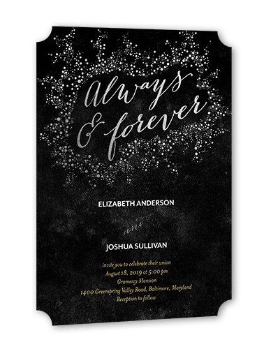Dazzling Flare Wedding Invitation, Black, Silver Foil, 5x7, Pearl Shimmer Cardstock, Ticket