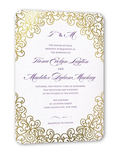 Dazzling Lace Wedding Invitation, Gold Foil, Purple, 5x7 Flat, Pearl Shimmer Cardstock, Rounded