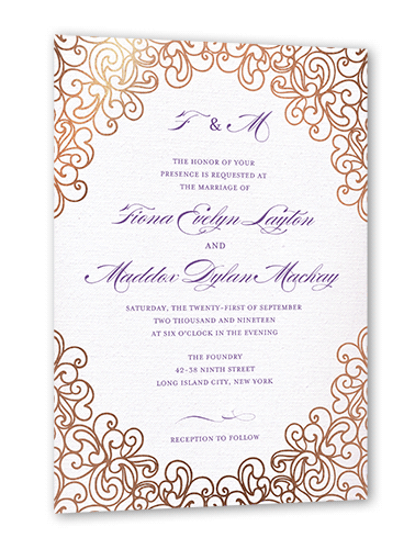 Dazzling Lace Wedding Invitation, Rose Gold Foil, Purple, 5x7 Flat, Pearl Shimmer Cardstock, Square