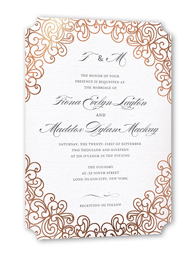 Dazzling Lace Wedding Invitation, Rose Gold Foil, Grey, 5x7, Signature Smooth Cardstock, Ticket