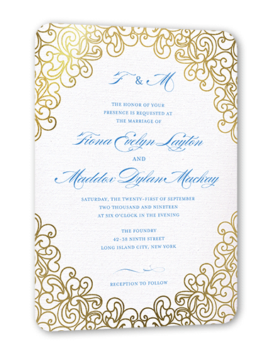 Dazzling Lace Wedding Invitation, Blue, Gold Foil, 5x7, Signature Smooth Cardstock, Rounded