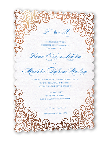 Dazzling Lace Wedding Invitation, Blue, Rose Gold Foil, 5x7, Signature Smooth Cardstock, Scallop