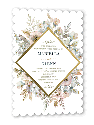 Diamond Blossoms Wedding Invitation, Green, Gold Foil, 5x7, Pearl Shimmer Cardstock, Scallop