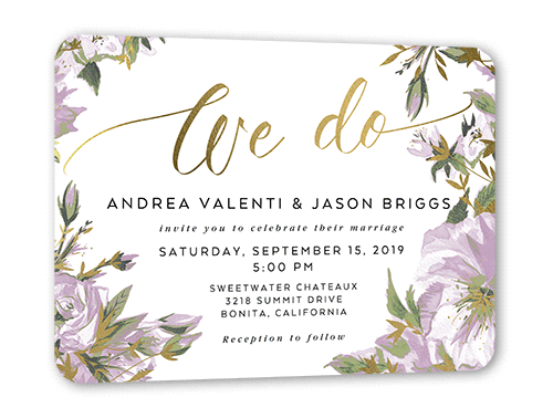 Crisp Petals Wedding Invitation, Gold Foil, Purple, 5x7 Flat, Pearl Shimmer Cardstock, Rounded, Light Purple