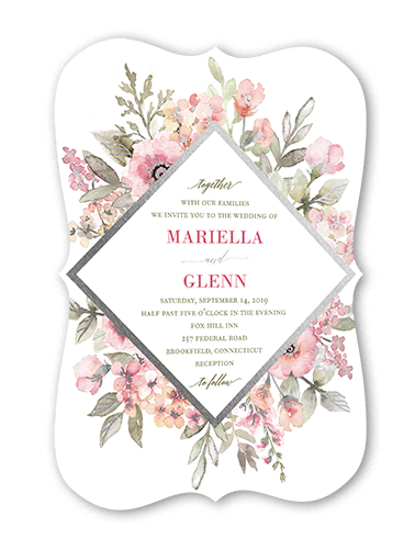 Diamond Blossoms Wedding Invitation, Pink, Silver Foil, 5x7 Flat, Pearl Shimmer Cardstock, Bracket