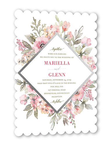 Diamond Blossoms Wedding Invitation, Pink, Silver Foil, 5x7 Flat, Matte, Signature Smooth Cardstock, Scallop