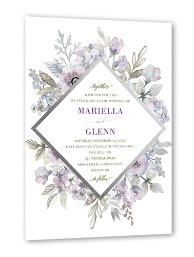 Diamond Blossoms Wedding Invitation, Purple, Silver Foil, 5x7 Flat, Matte, Signature Smooth Cardstock, Square