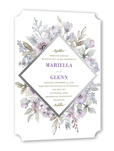 Diamond Blossoms Wedding Invitation, Silver Foil, Purple, 5x7, Pearl Shimmer Cardstock, Ticket