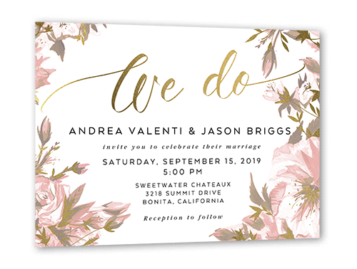 Crisp Petals Wedding Invitation, Gold Foil, Grey, 5x7 Flat, Luxe Double-Thick Cardstock, Square
