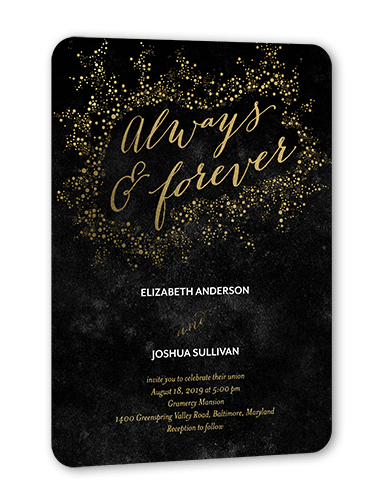 Dazzling Flare Wedding Invitation, Gold Foil, Black, 5x7 Flat, Pearl Shimmer Cardstock, Rounded