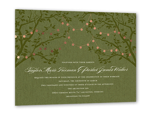 Enlightened Evening Wedding Invitation, Green, Rose Gold Foil, 5x7 Flat, Pearl Shimmer Cardstock, Square