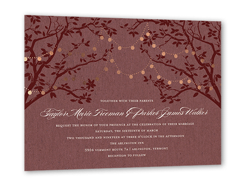 Enlightened Evening Wedding Invitation, Red, Rose Gold Foil, 5x7 Flat, Luxe Double-Thick Cardstock, Square