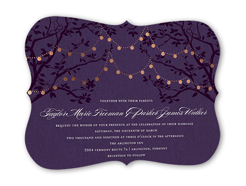 Enlightened Evening Wedding Invitation, Rose Gold Foil, Purple, 5x7 Flat, Pearl Shimmer Cardstock, Bracket