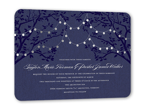 Enlightened Evening Wedding Invitation, Silver Foil, Purple, 5x7 Flat, Signature Smooth Cardstock, Rounded, Twilight