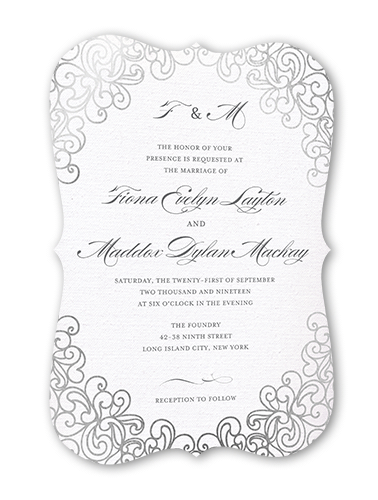 Dazzling Lace Wedding Invitation, Grey, Silver Foil, 5x7 Flat, Signature Smooth Cardstock, Bracket