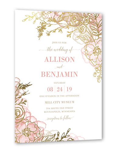 Floral Fringe Wedding Invitation, Pink, Gold Foil, 5x7 Flat, Pearl Shimmer Cardstock, Square