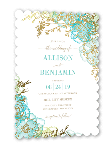 Floral Fringe Wedding Invitation, Blue, Gold Foil, 5x7, Signature Smooth Cardstock, Scallop