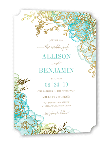 Floral Fringe Wedding Invitation, Blue, Gold Foil, 5x7 Flat, Pearl Shimmer Cardstock, Ticket