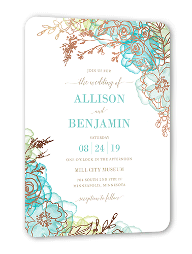 Floral Fringe Wedding Invitation, Rose Gold Foil, Blue, 5x7, Pearl Shimmer Cardstock, Rounded