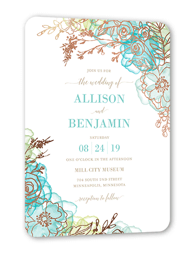 Floral Fringe Wedding Invitation, Rose Gold Foil, Blue, 5x7 Flat, Pearl Shimmer Cardstock, Rounded
