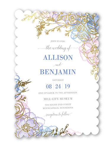 Floral Fringe Wedding Invitation, Gold Foil, Blue, 5x7 Flat, Pearl Shimmer Cardstock, Scallop