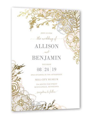 Floral Fringe Wedding Invitation, Beige, Gold Foil, 5x7 Flat, Luxe Double-Thick Cardstock, Square