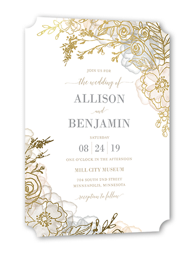 Floral Fringe Wedding Invitation, Beige, Gold Foil, 5x7 Flat, Pearl Shimmer Cardstock, Ticket