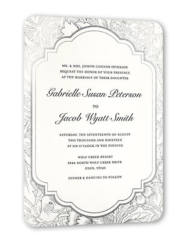 Ornate Petals Wedding Invitation, White, Silver Foil, 5x7 Flat, Matte, Signature Smooth Cardstock, Rounded