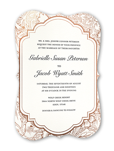 Ornate Petals Wedding Invitation, Rose Gold Foil, White, 5x7 Flat, Pearl Shimmer Cardstock, Bracket