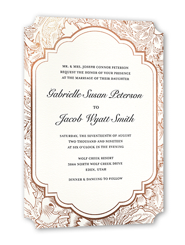 Ornate Petals Wedding Invitation, Rose Gold Foil, White, 5x7, Matte, Signature Smooth Cardstock, Ticket