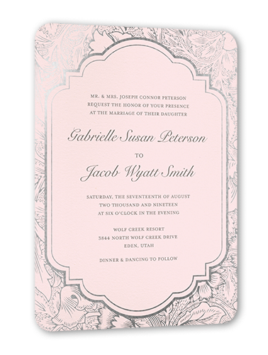 Ornate Petals Wedding Invitation, Pink, Silver Foil, 5x7, Matte, Signature Smooth Cardstock, Rounded