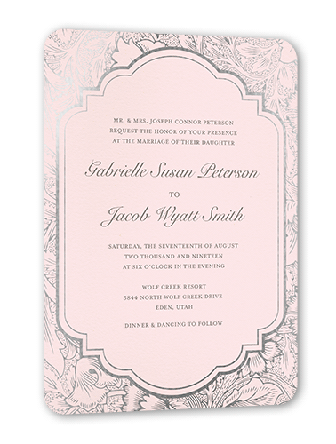 Ornate Petals Wedding Invitation, Pink, Silver Foil, 5x7 Flat, Matte, Signature Smooth Cardstock, Rounded, Magnolia