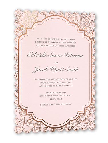 Ornate Petals Wedding Invitation, Pink, Rose Gold Foil, 5x7 Flat, Pearl Shimmer Cardstock, Scallop