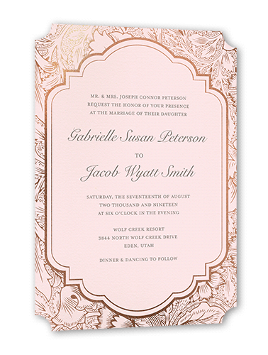 Ornate Petals Wedding Invitation, Pink, Rose Gold Foil, 5x7, Pearl Shimmer Cardstock, Ticket