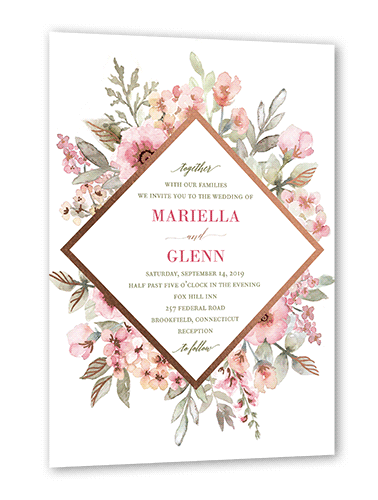 Diamond Blossoms Wedding Invitation, Rose Gold Foil, Pink, 5x7 Flat, Luxe Double-Thick Cardstock, Square