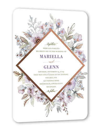 Diamond Blossoms Wedding Invitation, Purple, Rose Gold Foil, 5x7 Flat, Pearl Shimmer Cardstock, Rounded