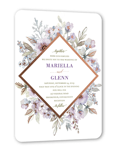 Diamond Blossoms Wedding Invitation, Purple, Rose Gold Foil, 5x7 Flat, Matte, Signature Smooth Cardstock, Rounded, Verbena