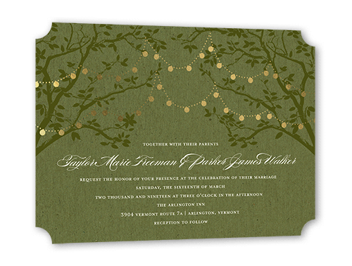 Enlightened Evening Wedding Invitation, Green, Gold Foil, 5x7, Pearl Shimmer Cardstock, Ticket
