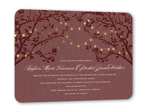 Enlightened Evening Wedding Invitation, Gold Foil, Red, 5x7 Flat, Pearl Shimmer Cardstock, Rounded