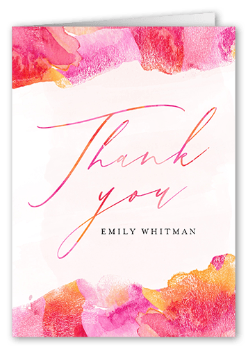 Watercolors And Showers Thank You Card, Pink, 3x5, White, Matte, Folded Smooth Cardstock