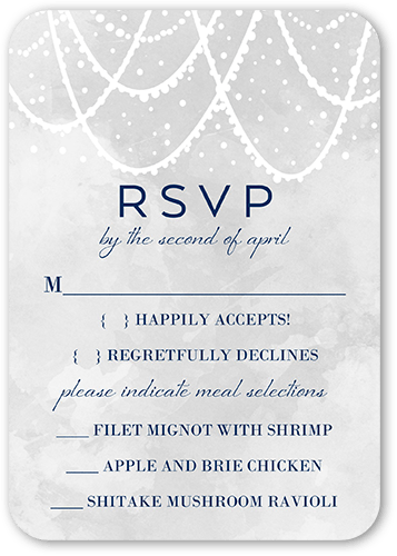 Draping Lights Wedding Response Card, Blue, Pearl Shimmer Cardstock, Rounded, Navy