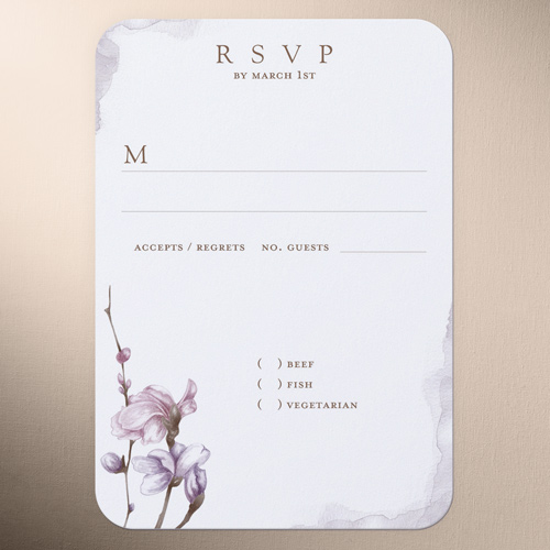 Blossoms of Love Wedding Response Card, Purple, 100% Recycled Cardstock , Rounded