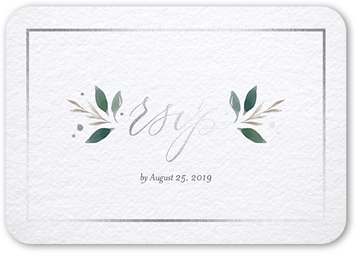 Brushed Botanicals Wedding Response Card, White, Silver Foil, Pearl Shimmer Cardstock, Rounded