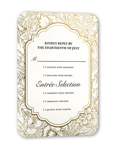 Ornate Petals Wedding Response Card, White, Gold Foil, Pearl Shimmer Cardstock, Rounded