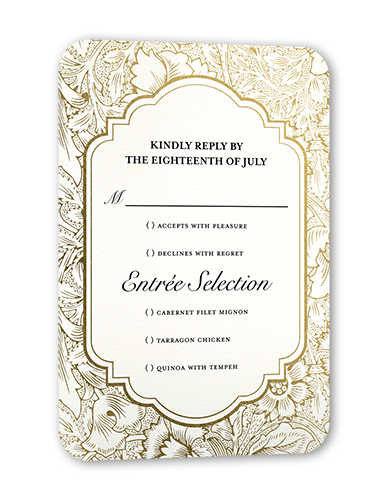 Ornate Petals Wedding Response Card, White, Gold Foil, Signature Smooth Cardstock, Rounded, White