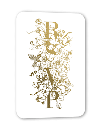 Flowers Abound Wedding Response Card, White, Gold Foil, Pearl Shimmer Cardstock, Rounded