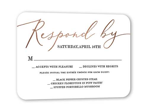 Sterling Script Wedding Response Card, Rose Gold Foil, White, Pearl Shimmer Cardstock, Rounded