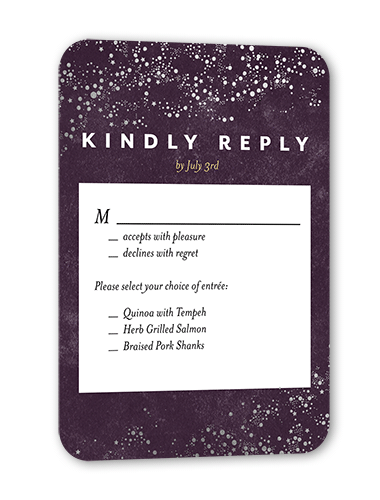Dazzling Flare Wedding Response Card, Silver Foil, Purple, Signature Smooth Cardstock, Rounded