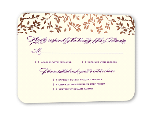 Enlightened Evening Wedding Response Card, Rose Gold Foil, Purple, Signature Smooth Cardstock, Rounded