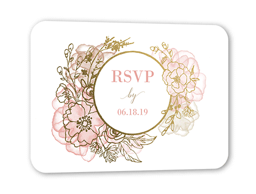 Floral Fringe Wedding Response Card, Pink, Gold Foil, Signature Smooth Cardstock, Rounded, Taffy